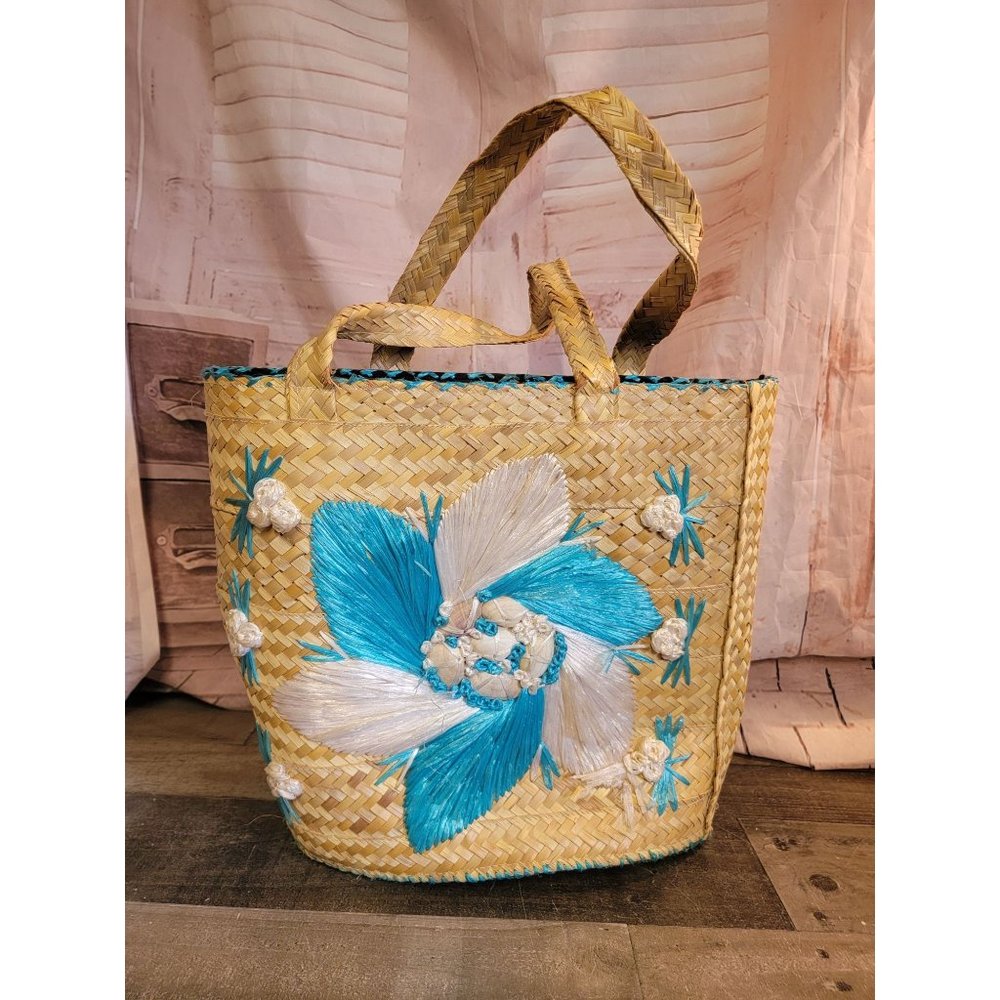 Straw blue white floral tote bag‎ purse